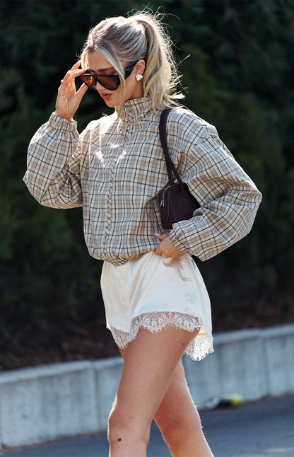 Lee Beige Plaid Funnel Neck Jacket