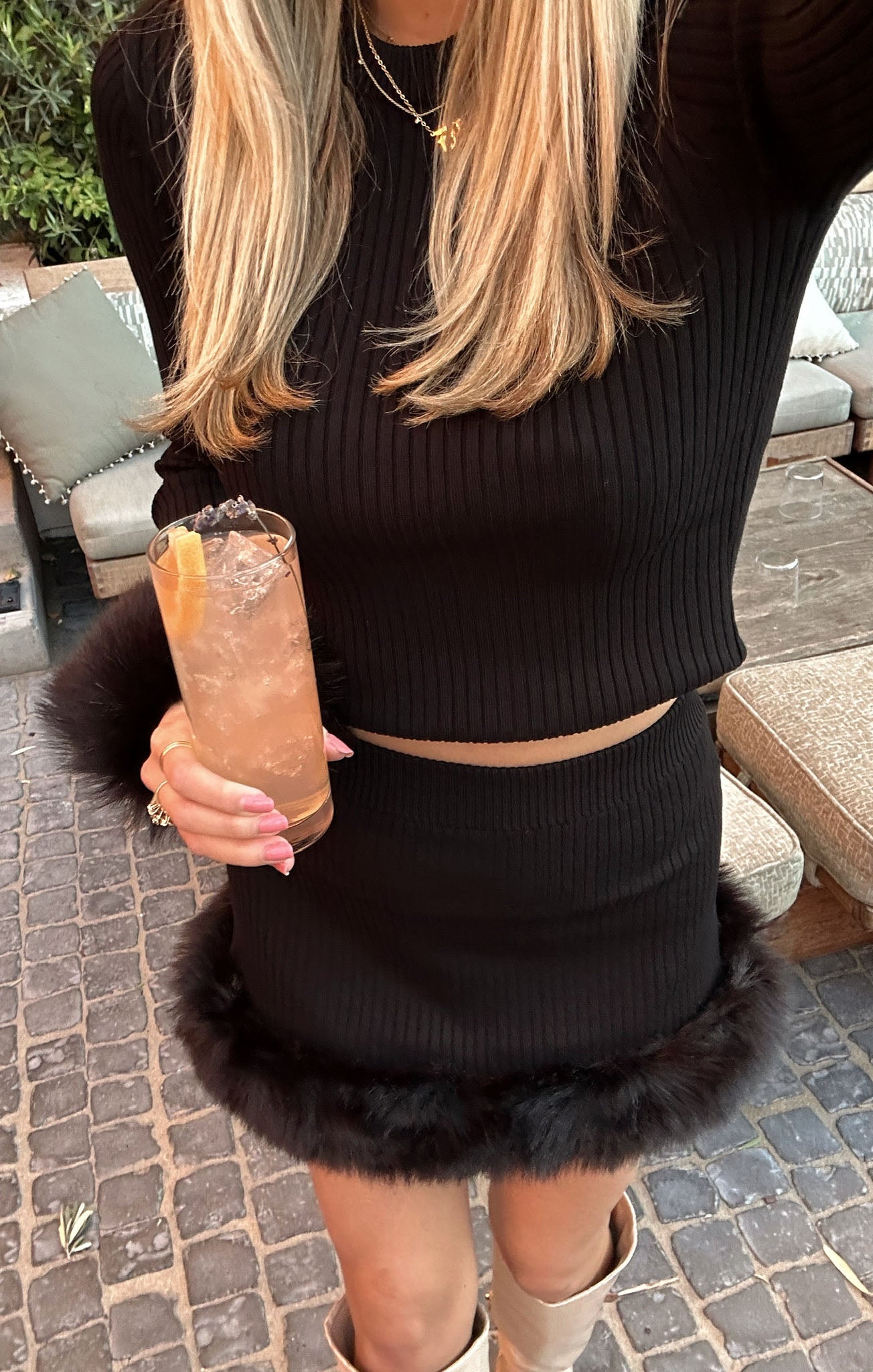 Fran Mini Skirt ~ Black Knit with Faux Fur