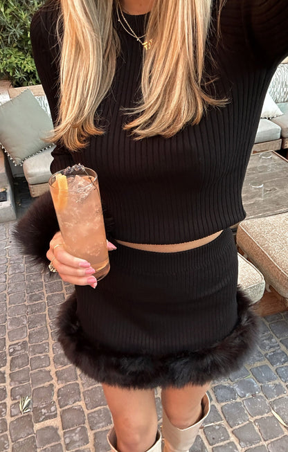 Fran Mini Skirt ~ Black Knit with Faux Fur