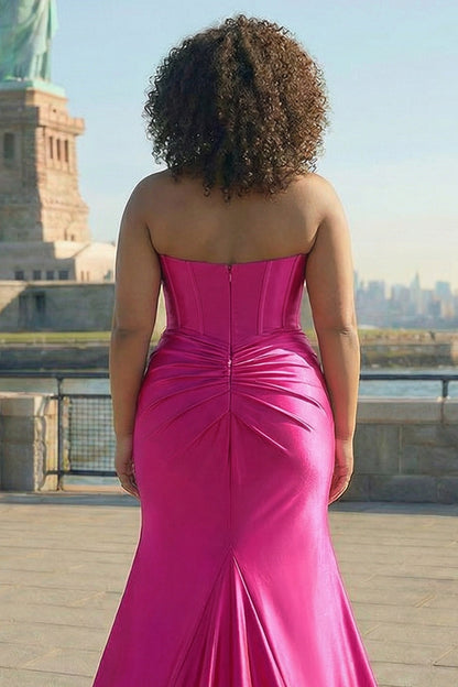 Sparkly Fuchsia Mermaid Plus Size Long Corset Prom Dress with Slit