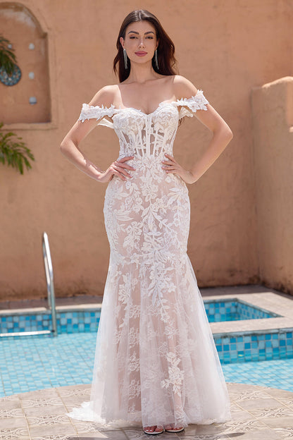 White Mermaid Off the Shoulder Corset Wedding Dress with Applique Lace