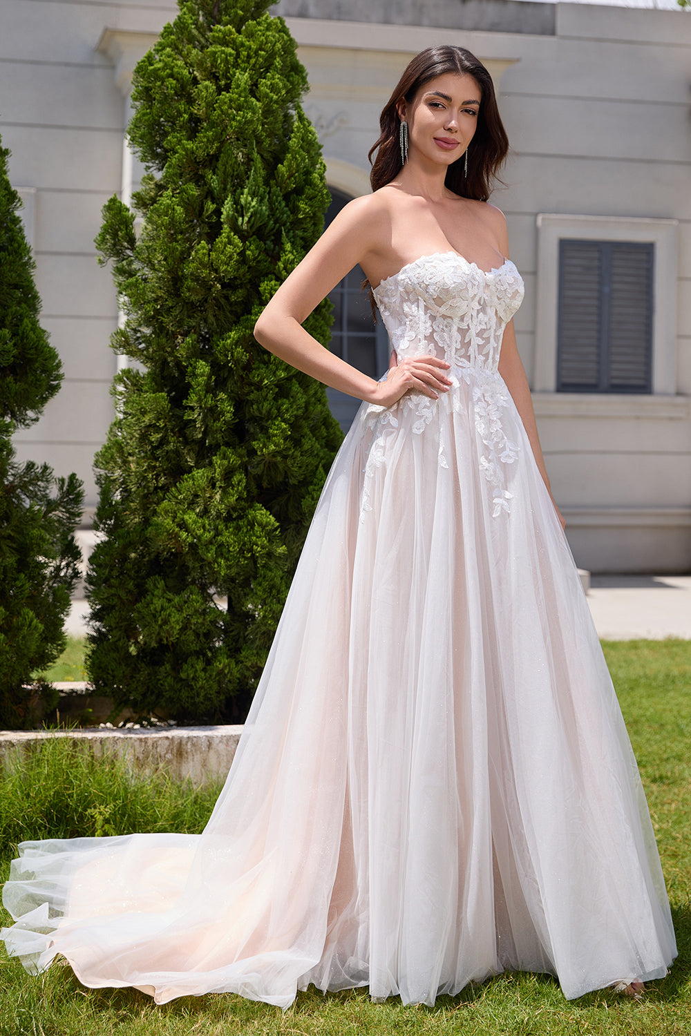 White A Line Strapless Sparkly Wedding Dress with Applique Lace