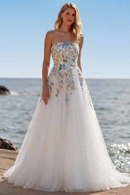 White A Line Strapless 3D Flowers Tulle Wedding Dress with Slit