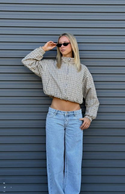 Lee Beige Plaid Funnel Neck Jacket