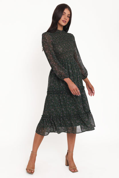 Edwina Shirred Frill Long Sleeve Midi Dress - Olive Floral
