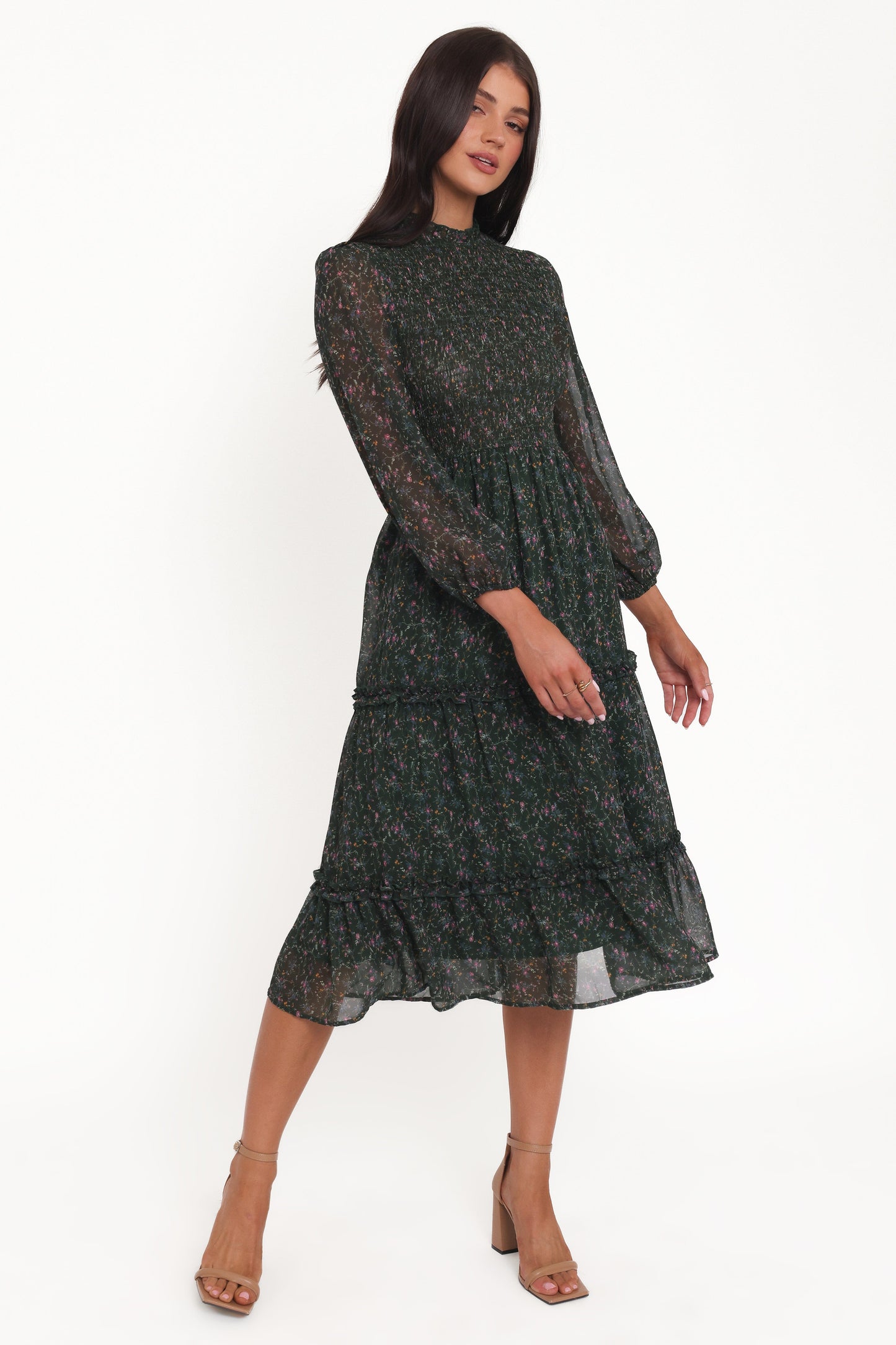 Edwina Shirred Frill Long Sleeve Midi Dress - Olive Floral
