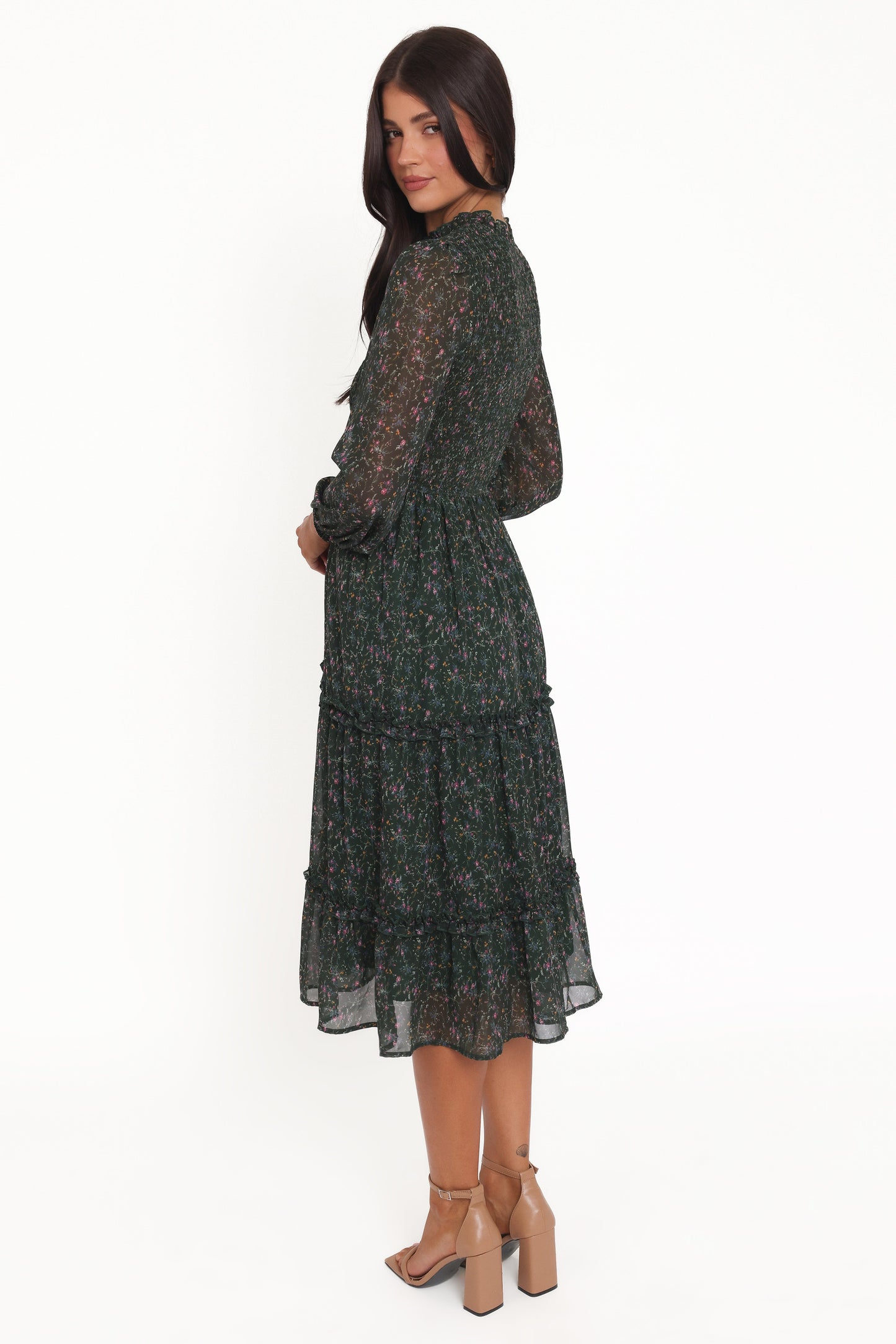 Edwina Shirred Frill Long Sleeve Midi Dress - Olive Floral