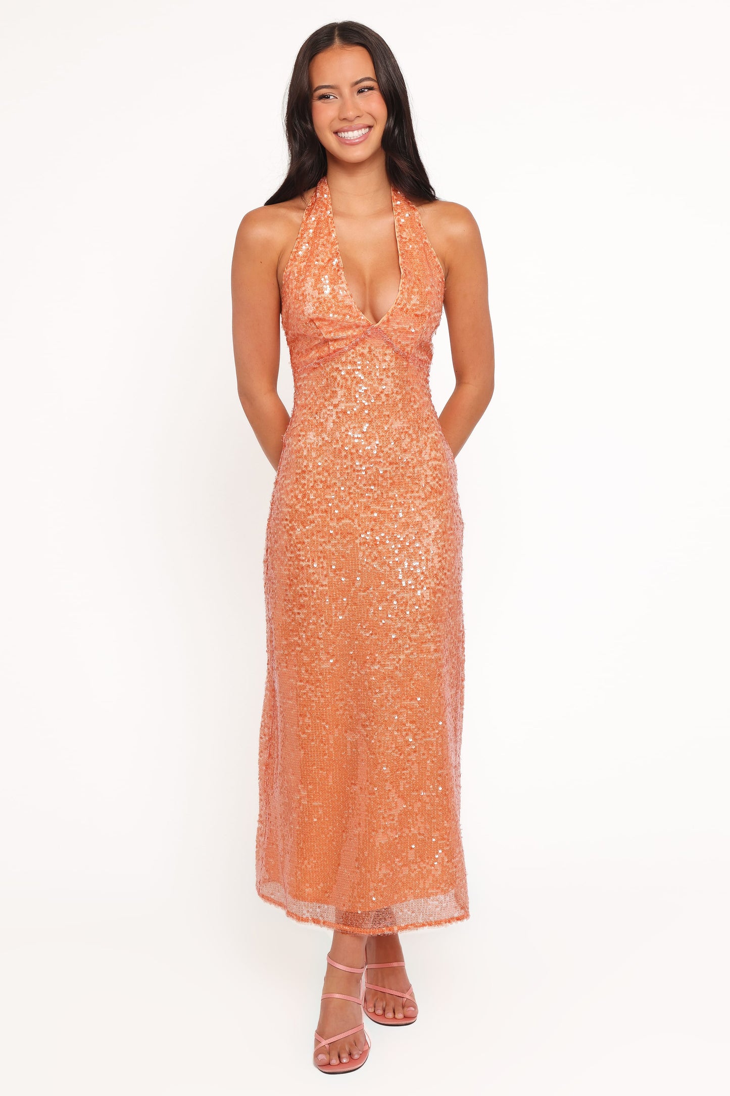 Eisley Halter Midi Dress - Orange Sequin