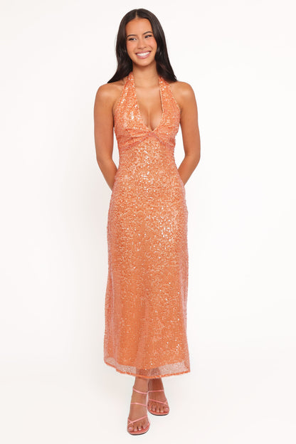 Eisley Halter Midi Dress - Orange Sequin