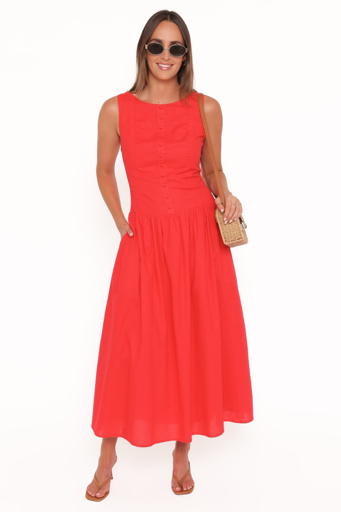Evie Button Front Maxi Dress - Red