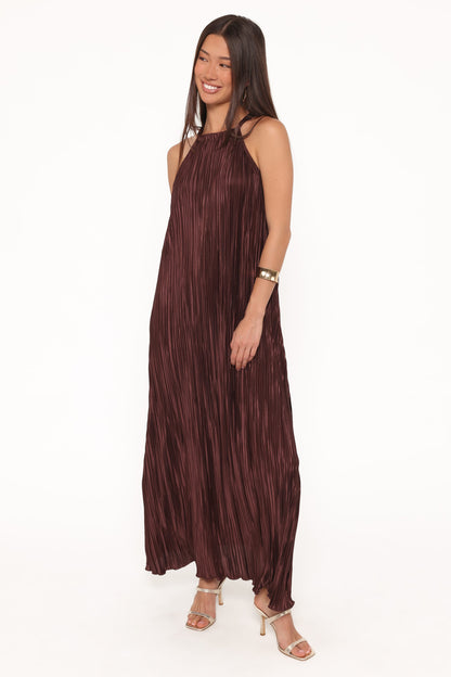 Melody Plisse Halter Maxi Dress - Brown