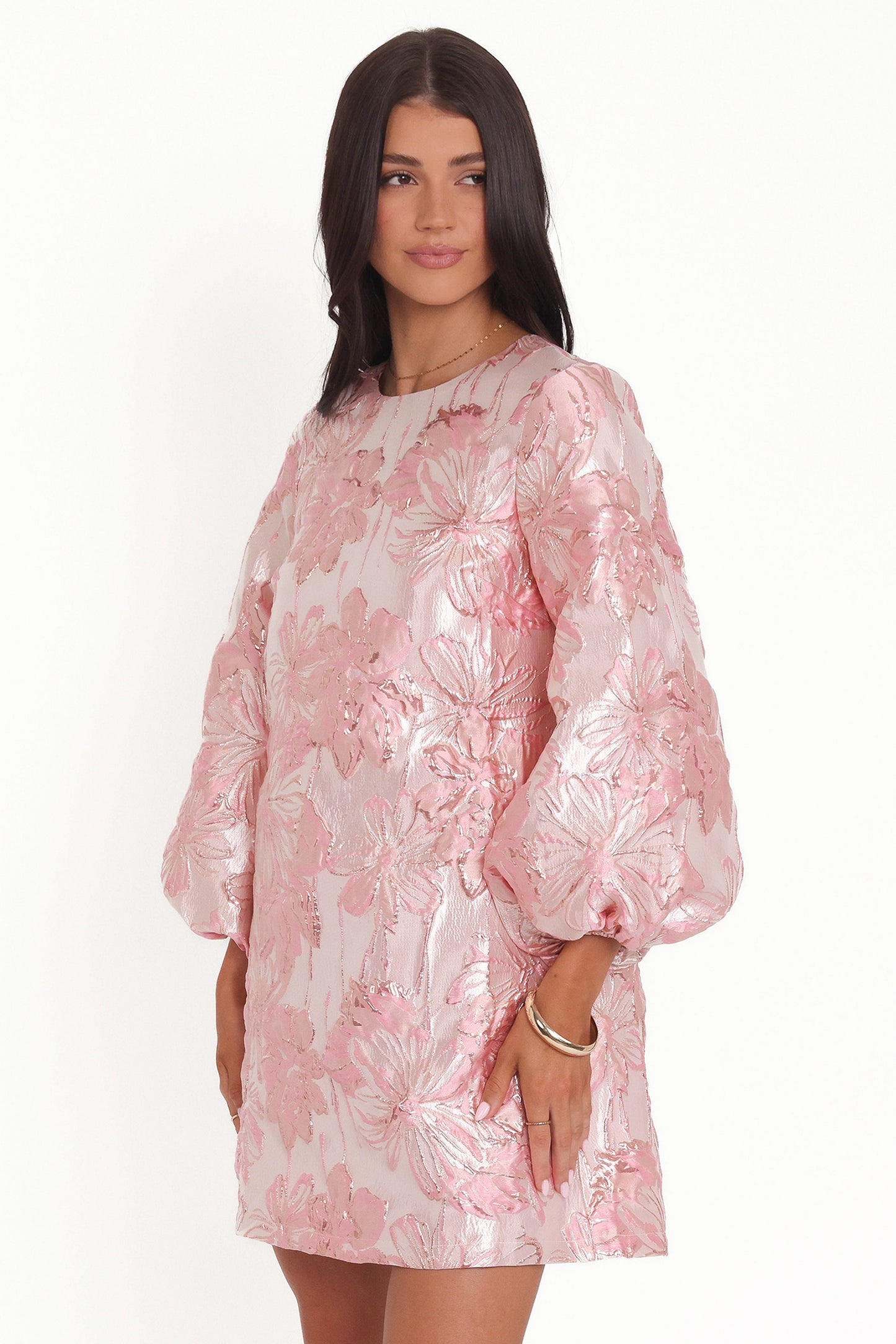 Treloar Long Sleeve Mini Dress - Pink Brocade