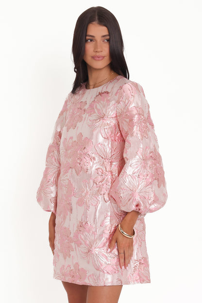 Treloar Long Sleeve Mini Dress - Pink Brocade